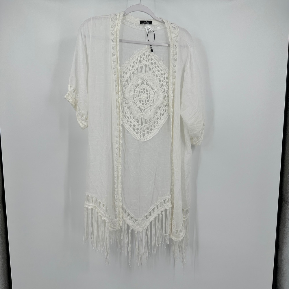 Womens‎ Boho Crochet Fringe Kimono Cardigan Size L Festival Cottagecore Beachy